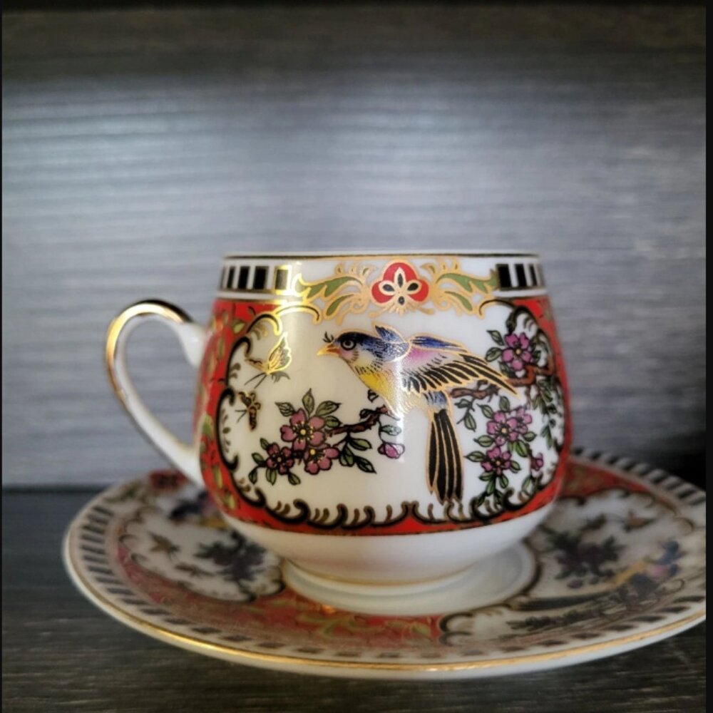 Arti M England Elegant Espresso Cups Coffee Cup Set w Saucers Bird Print